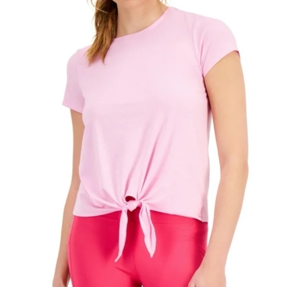 Ideology Tie Front Short Cap Sleeve Solid Pink T Shirt Crew Neck Small Pullover